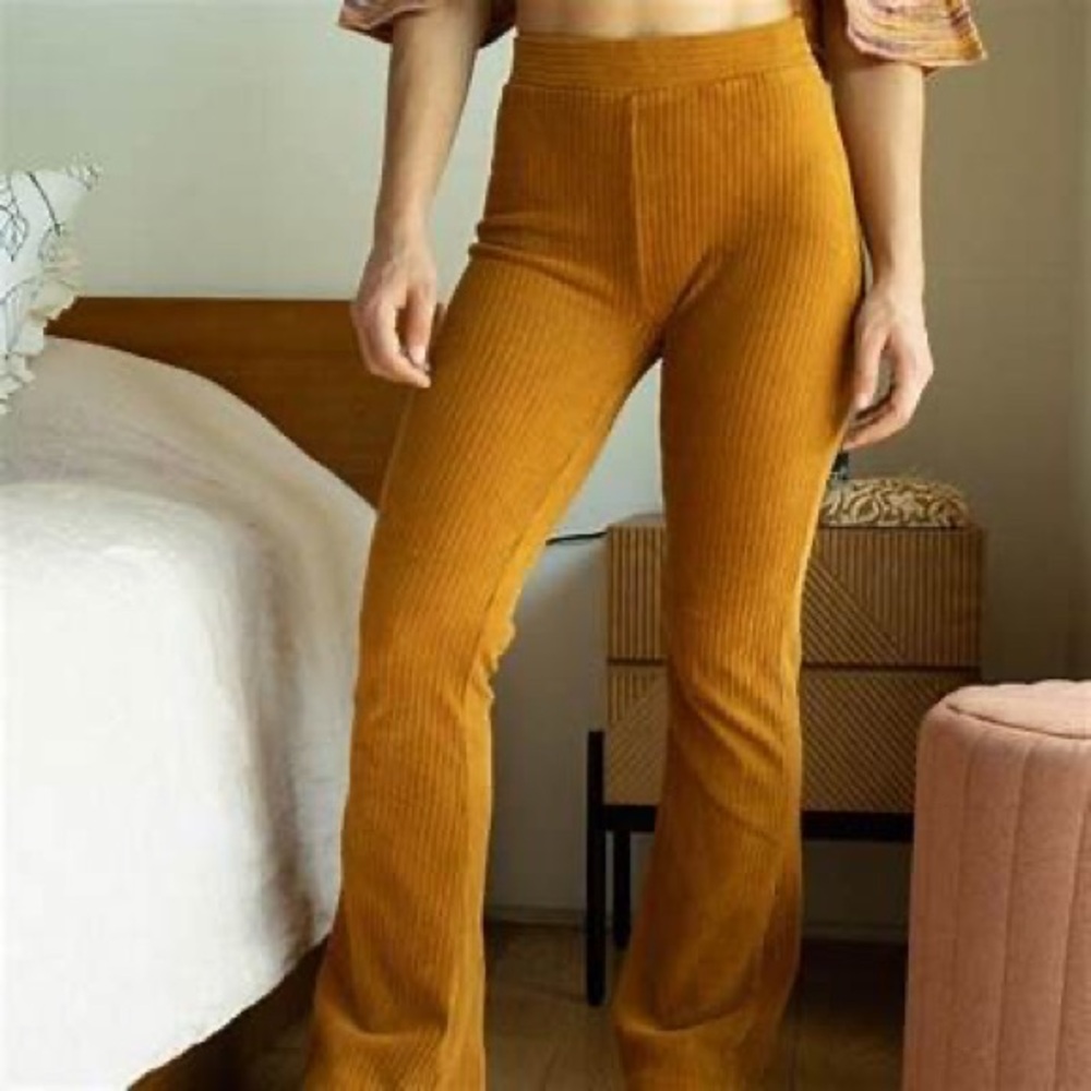 Love Riche Mustard Ribbed Flare Velour Stretch Pants